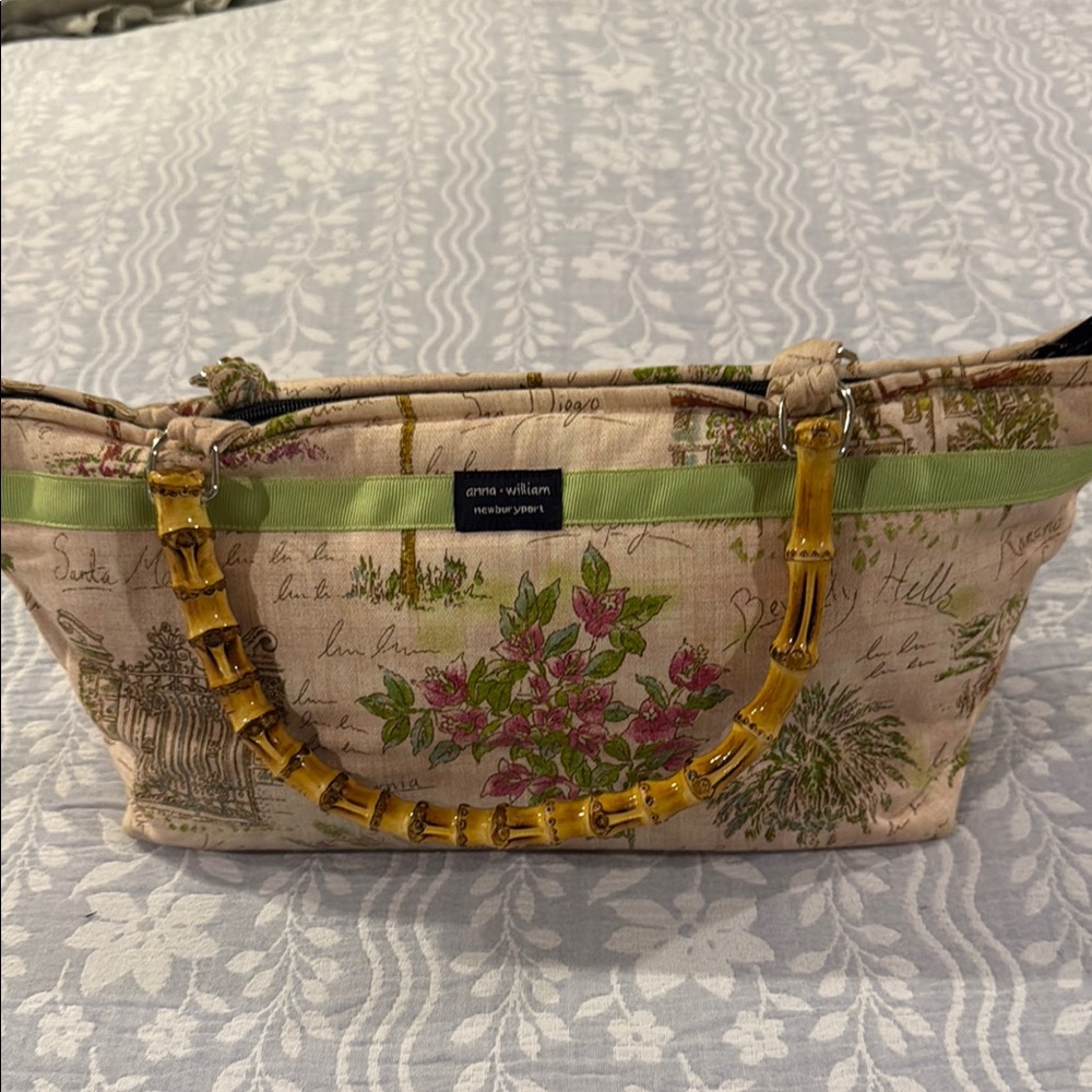 Cream and Green Floral Shoulder Bag with Bamboo Handles